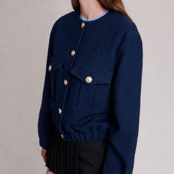 BNWT MAJE tweed bomber jacket navy S - Picture 3 of 6